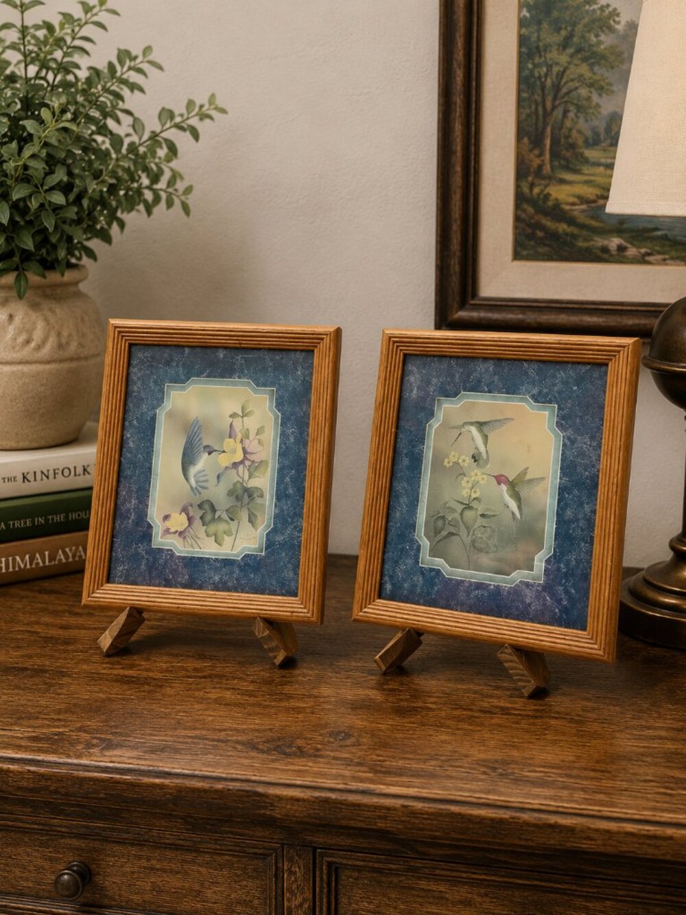 VTG Framed Hummingbird Botanical Prints Set of 2 Wood Frames Cottage Decor